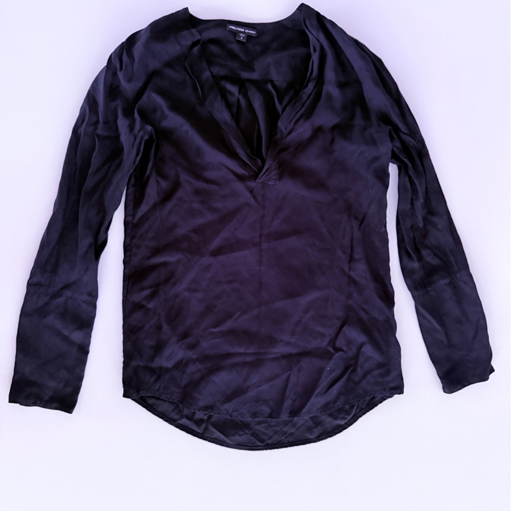 James Perse Black Long Sleeve V-Neck Blouse